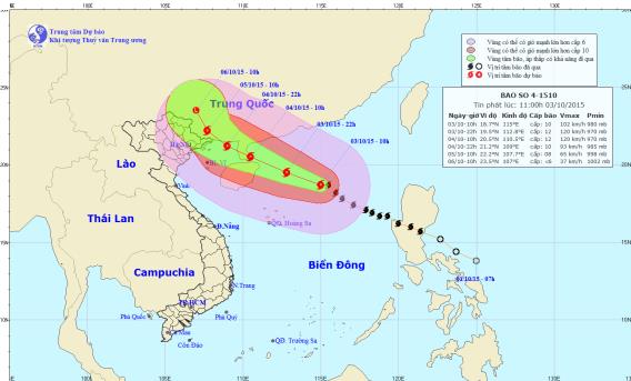 Bão số 4 hướng về phía biên giới Việt - Trung